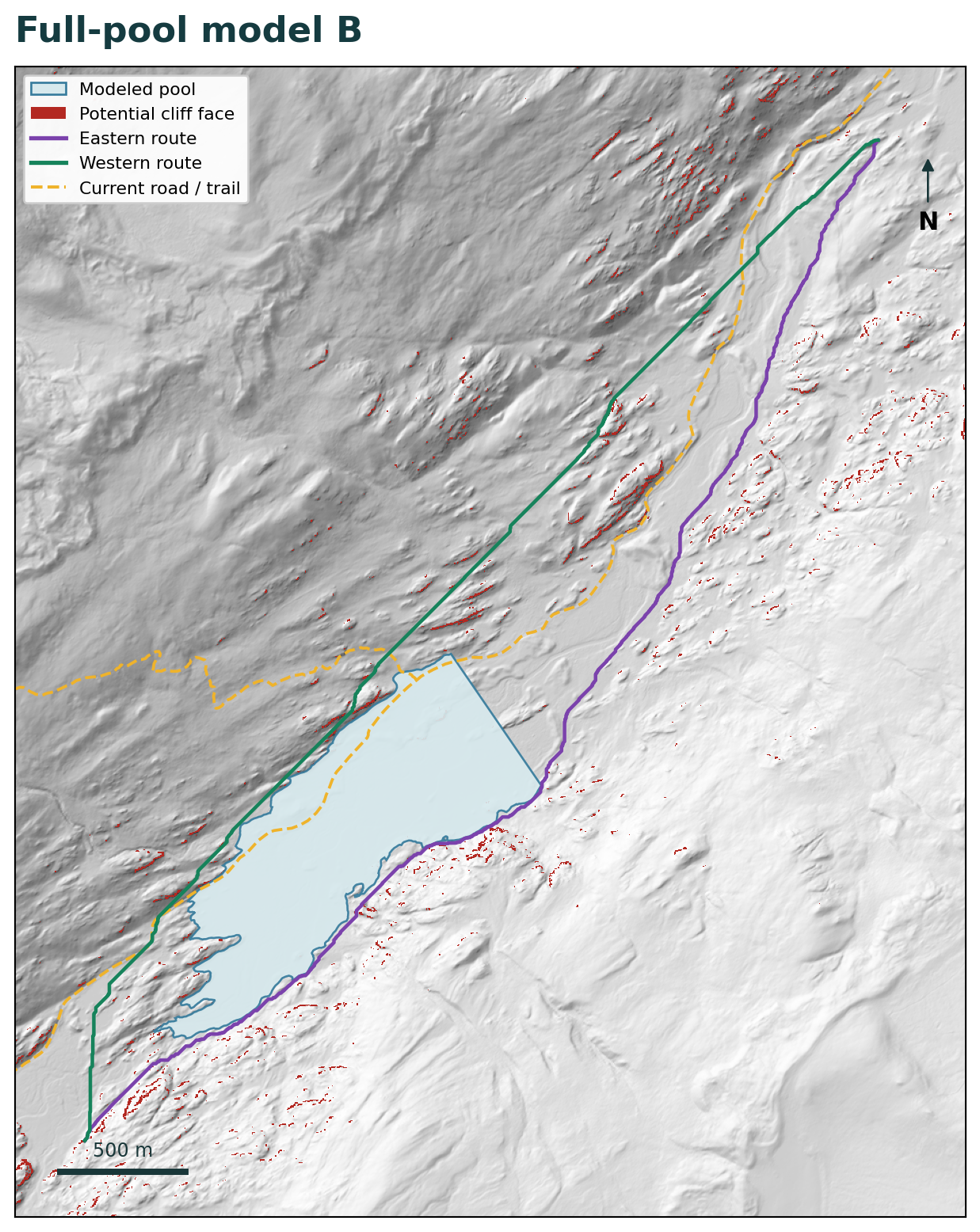 Modeled full-pool reservoir B with eastern and western least-cost routes