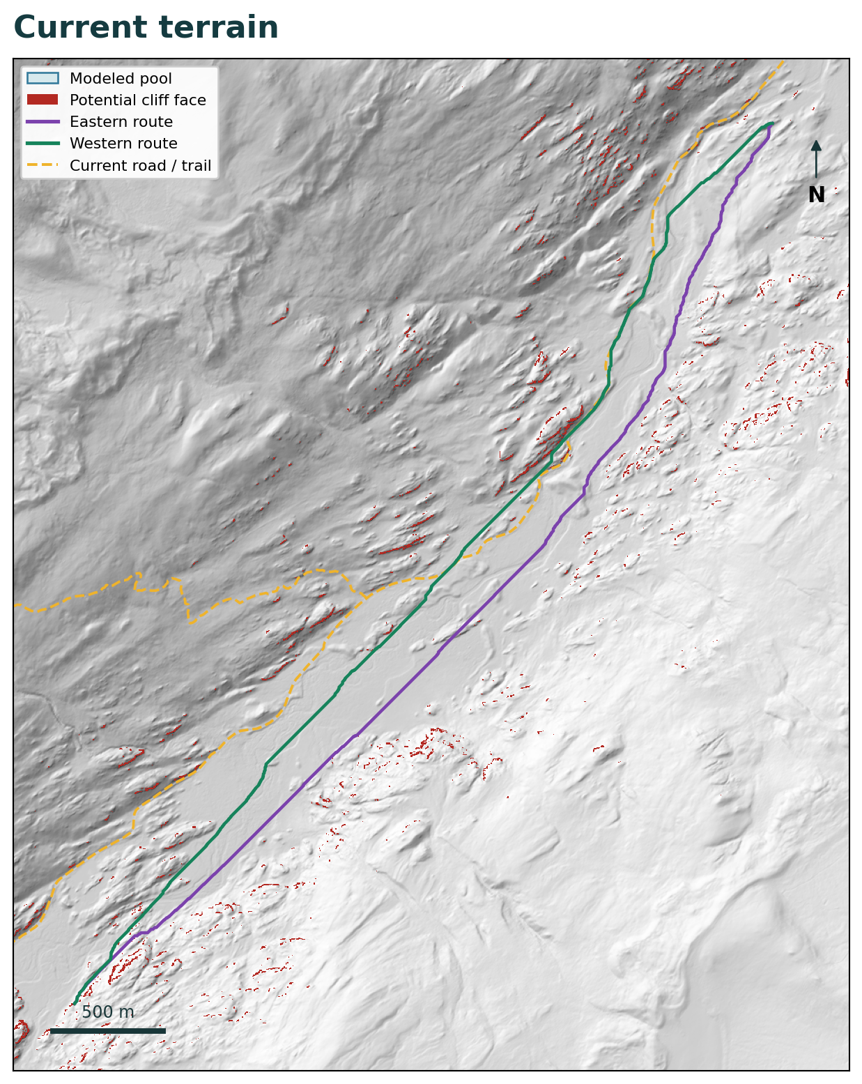 Current terrain lidar map with eastern and western least-cost routes following the Homestake Valley corridor