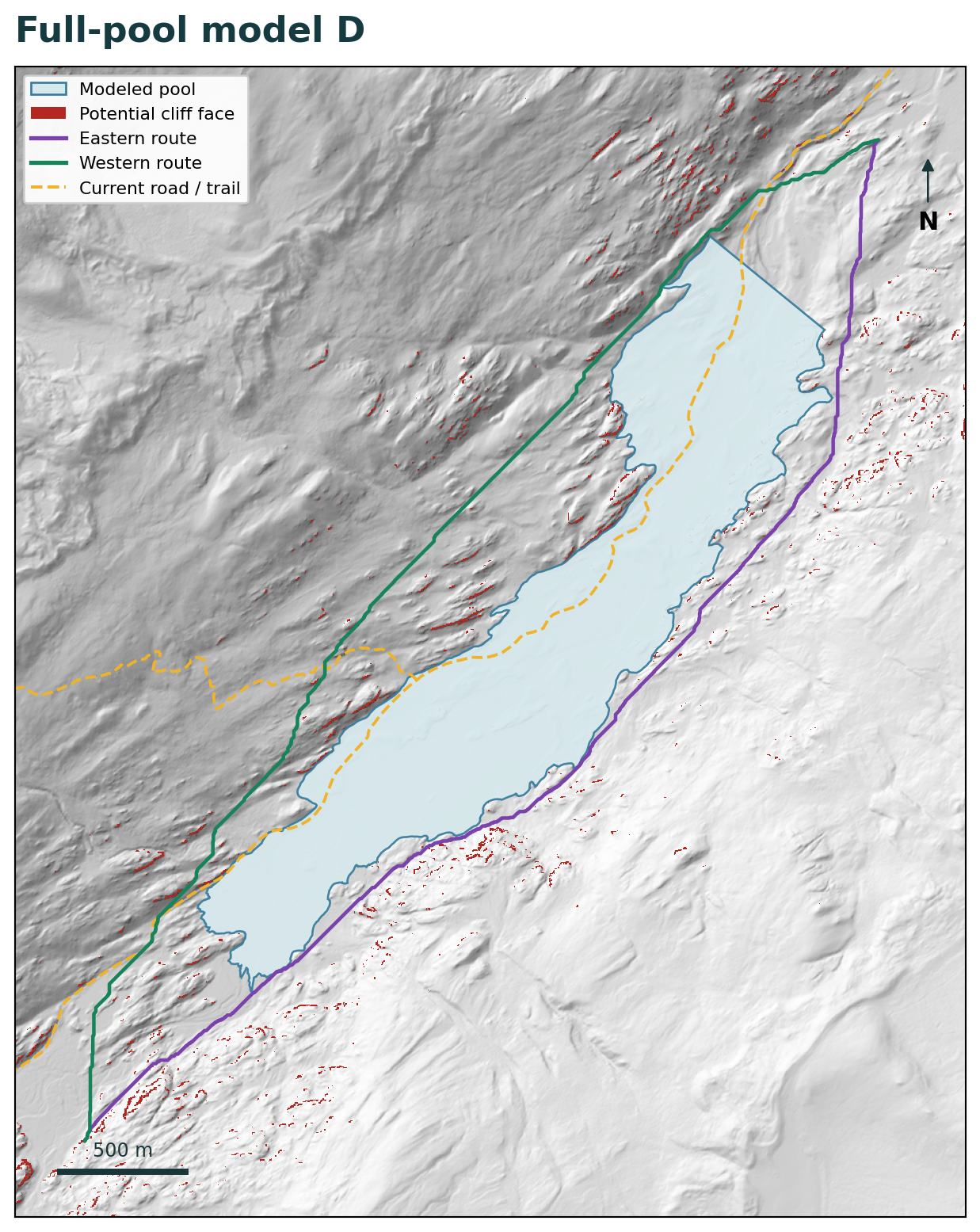 Modeled full-pool reservoir D with eastern and western least-cost routes displaced onto the valley sides