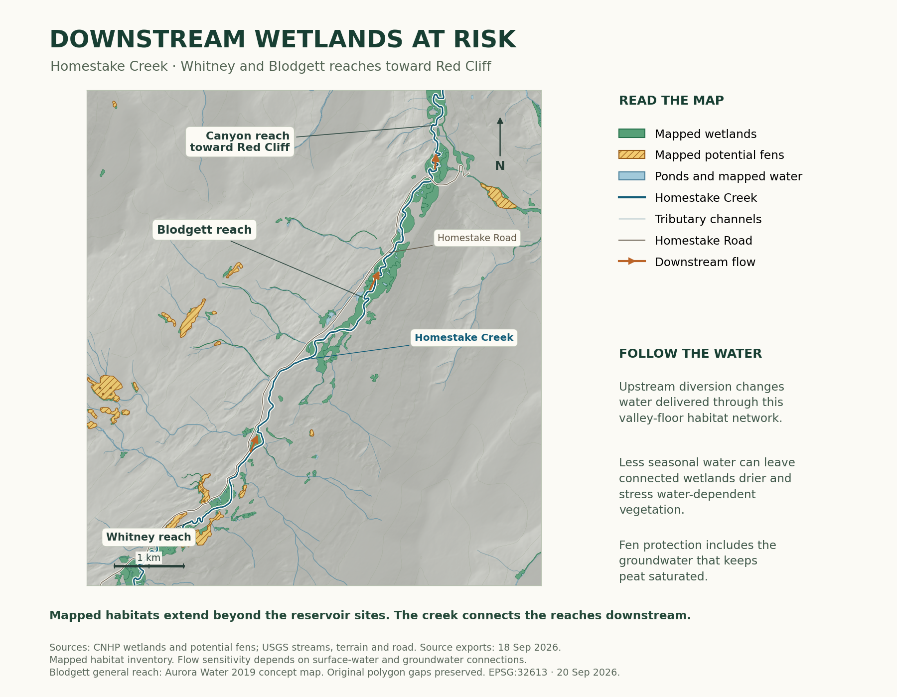 Mapped wetlands, water features and potential fens along lower Homestake Creek, from the Whitney and Blodgett reaches toward the canyon near Red Cliff. Source categories and mapped gaps are retained.